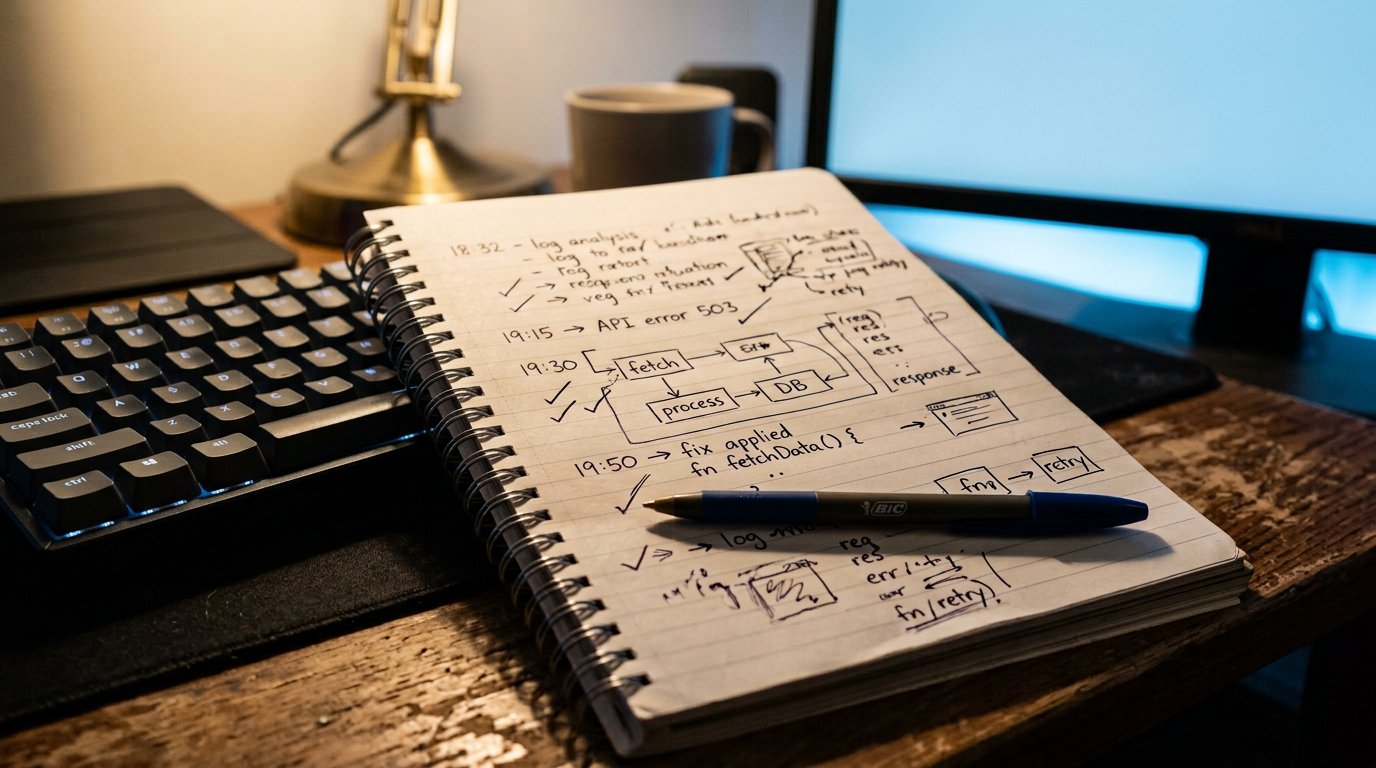 A notebook beside a keyboard, with times and notes written in it during a shift.