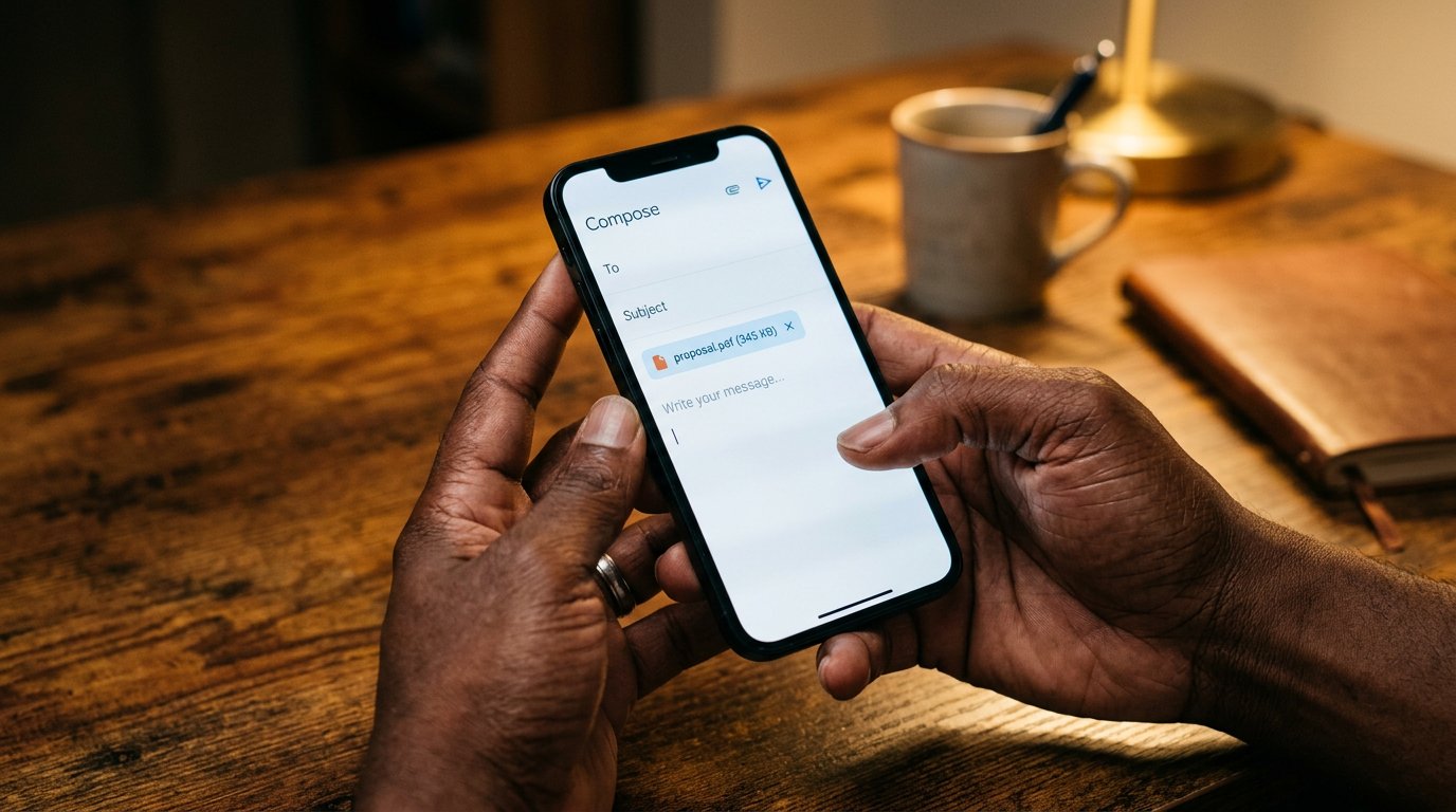 A phone showing an email being composed, with an attached file sitting above the message.