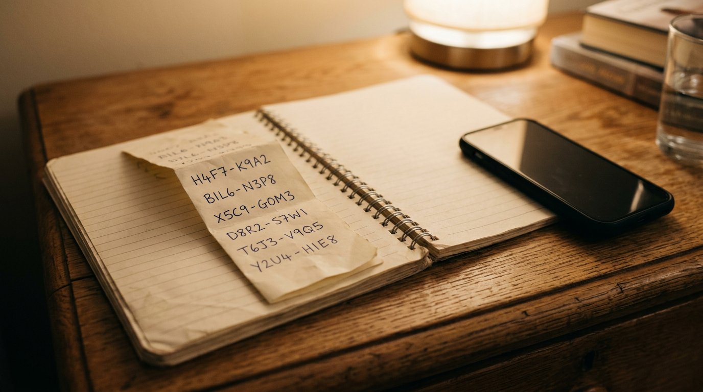 A strip of handwritten one-use backup codes folded inside a notebook beside a phone.