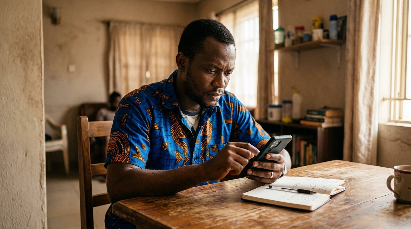 A man at a table reading a bank statement on his phone, a small notebook open beside him.