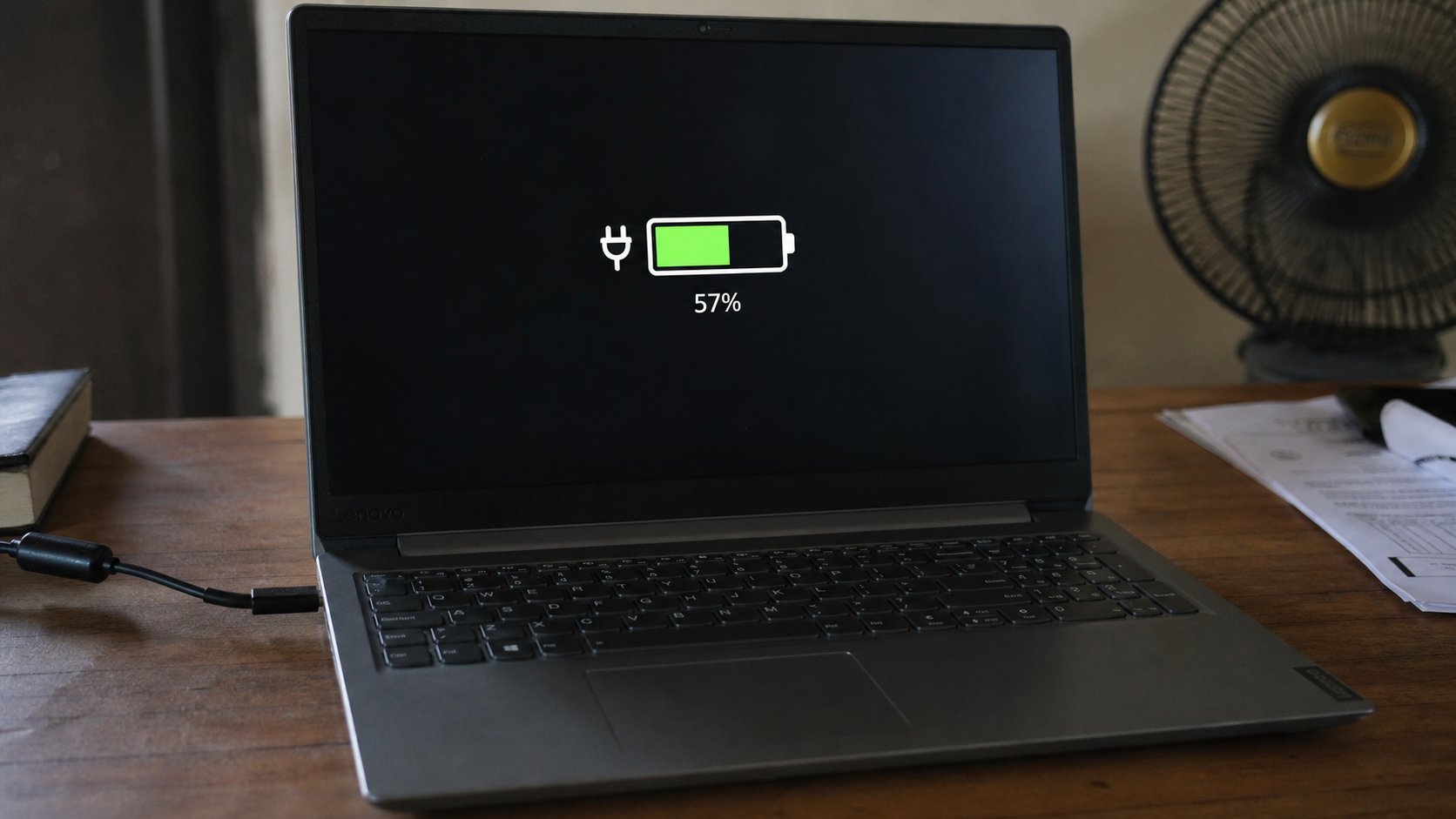A laptop battery or charging icon on screen.