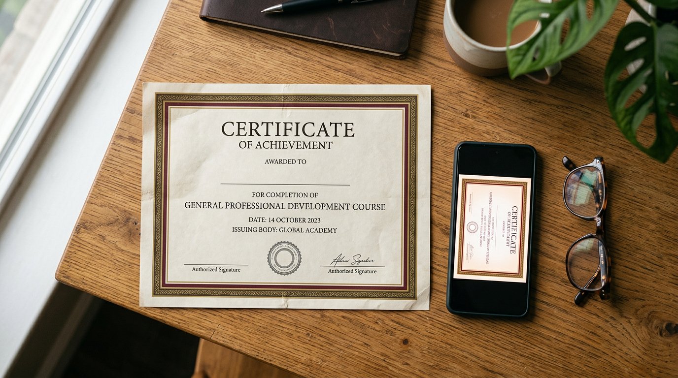A scanned certificate on a desk beside a phone showing the same certificate on its screen.
