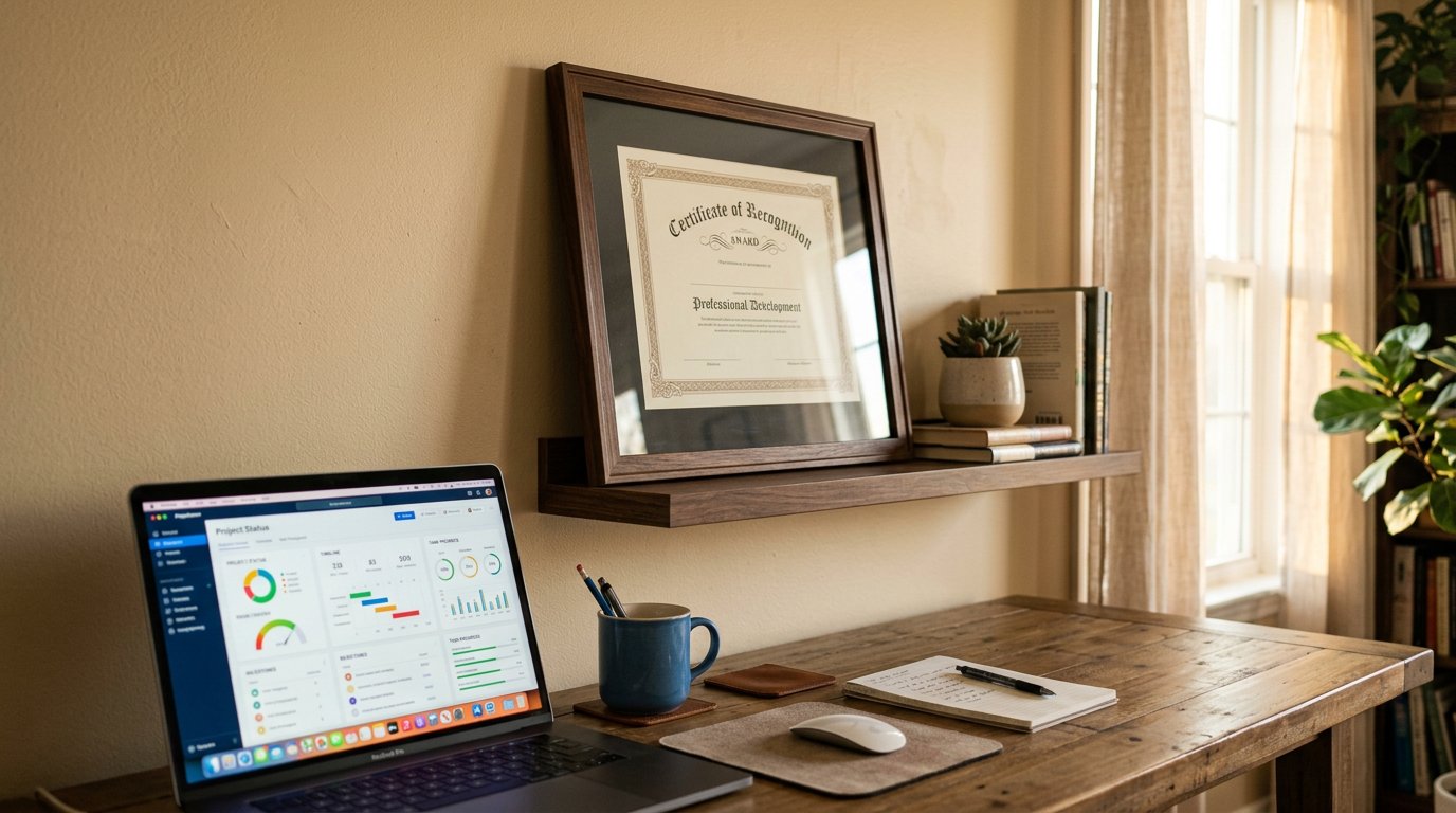 A framed certificate on a shelf above a desk, beside a laptop showing a live project of real work.