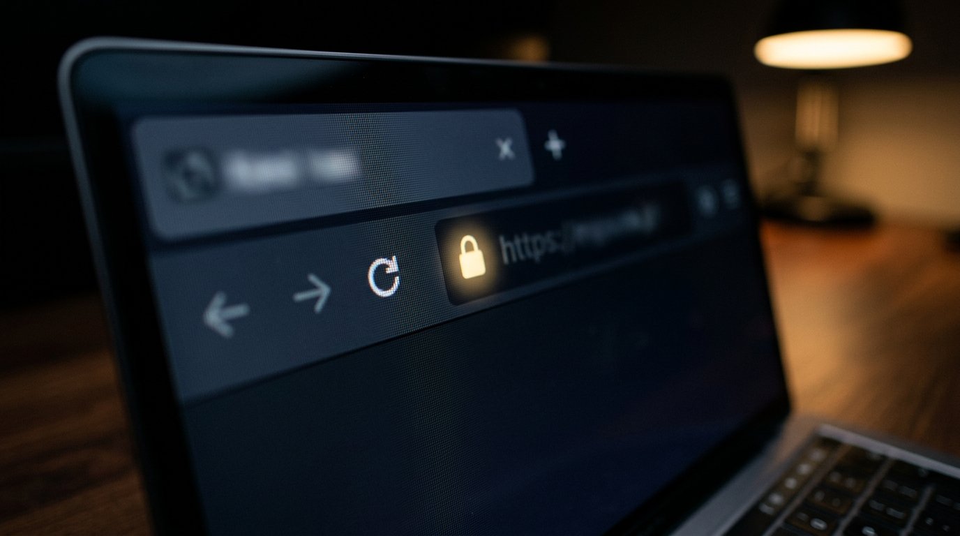 A close view of a browser address bar, the small padlock glowing, screen slightly soft.