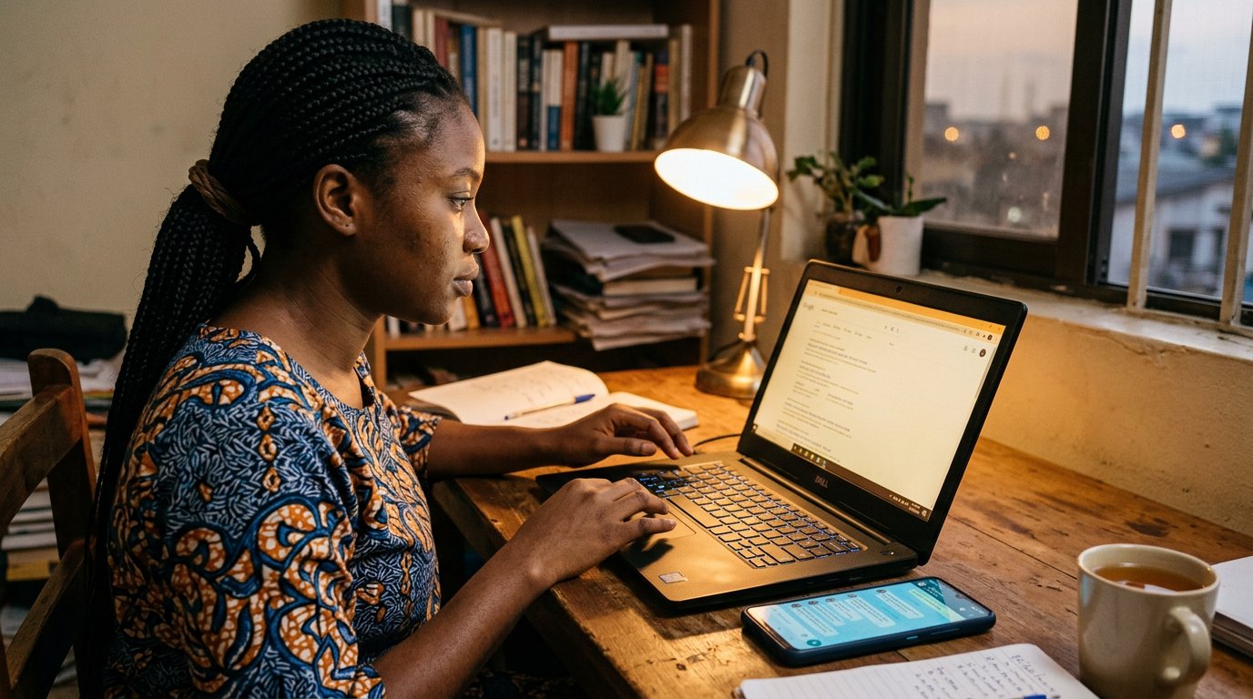 A person at a desk searching on a laptop while a phone with an open chat lies beside the keyboard.