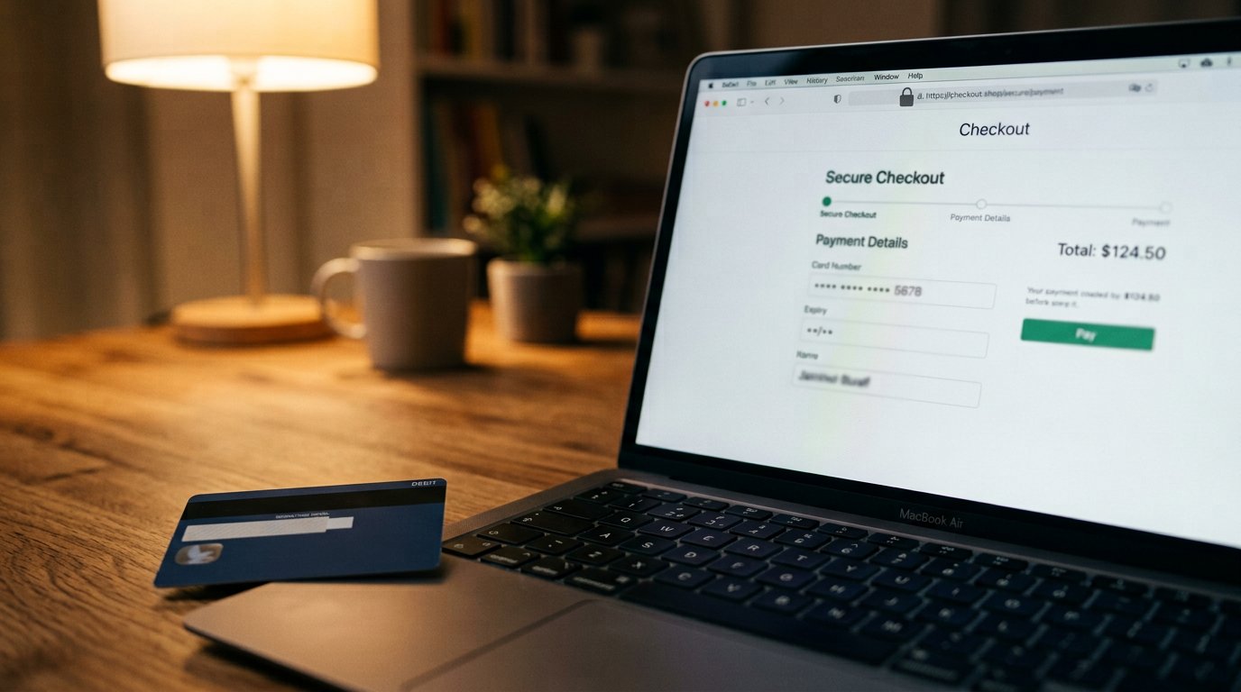 A laptop screen showing a checkout page with a small padlock in the address bar, a bank card resting face down beside the keyboard.