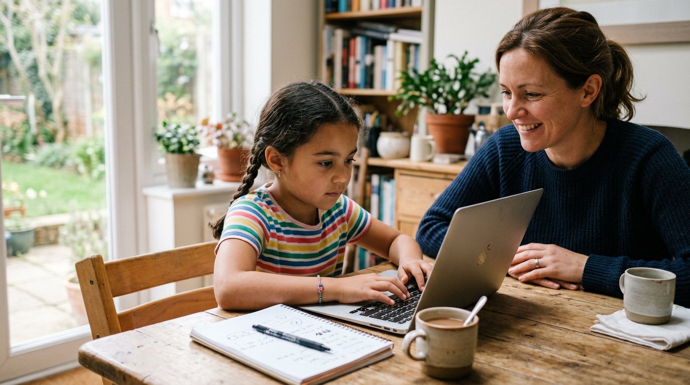 A child typing on a laptop at a family table while a parent sits close, watching and smiling.