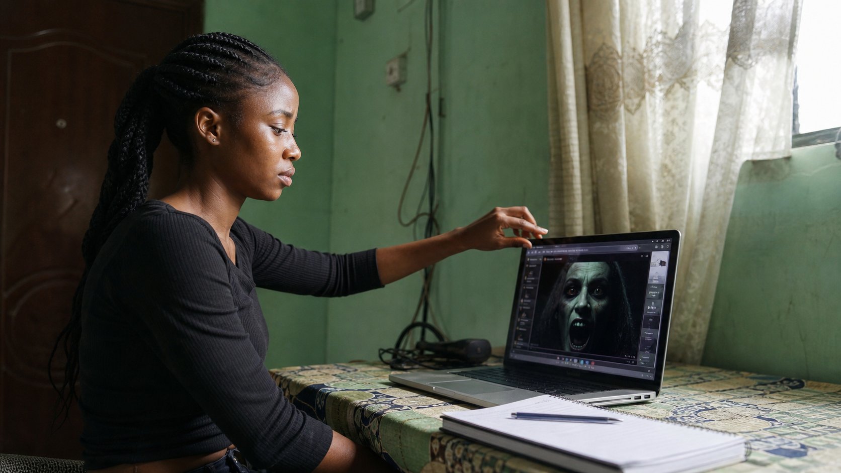 A young woman closing a scare tab calmly.