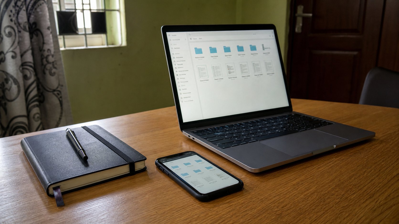 A laptop, a phone and a notebook on a desk.