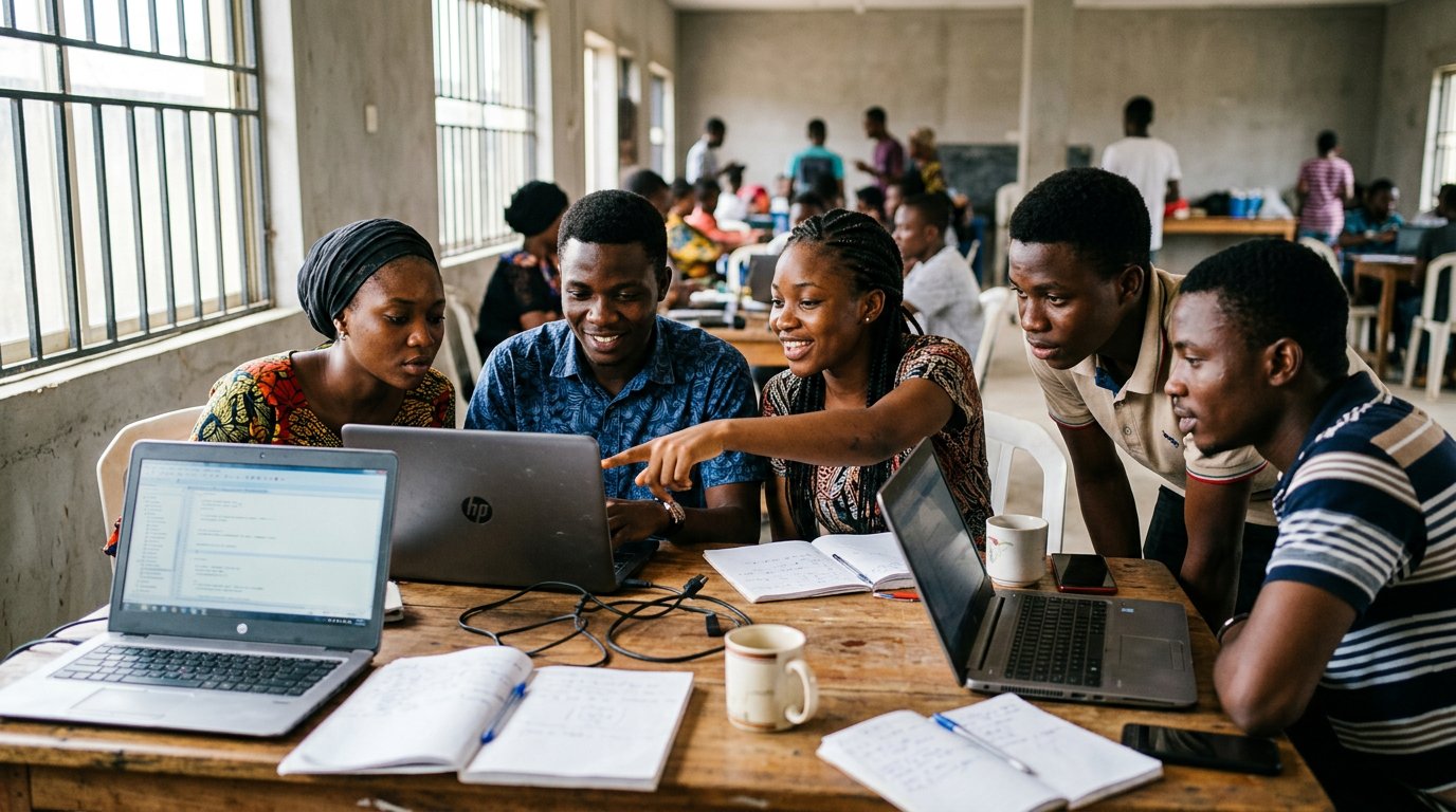 A small group of learners around a table with laptops, one person pointing at a screen while others watch.