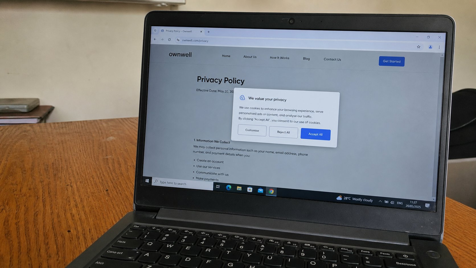 A browser with a privacy or cookies dialog open.