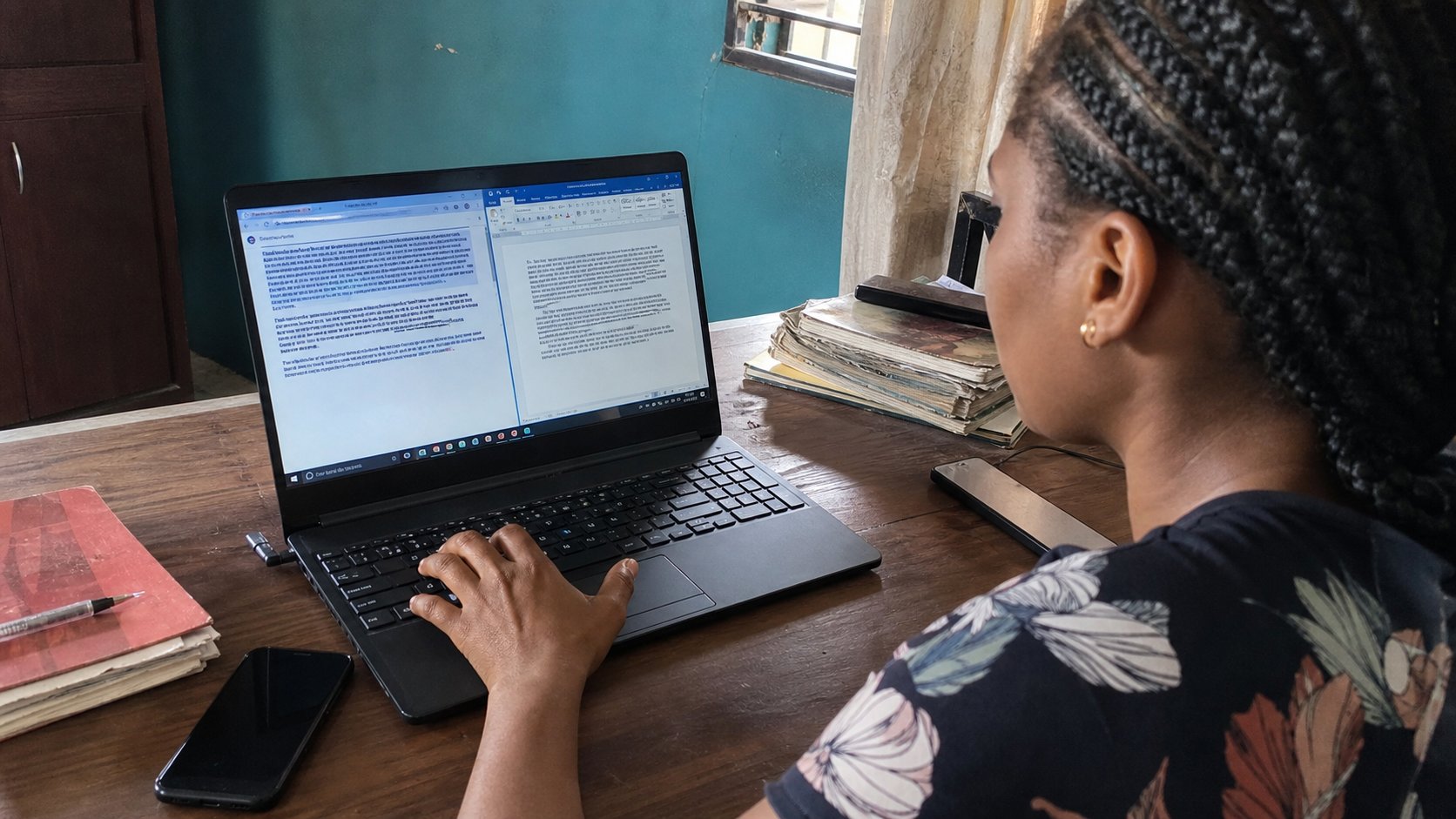 A learner copying from a browser into a Word document.
