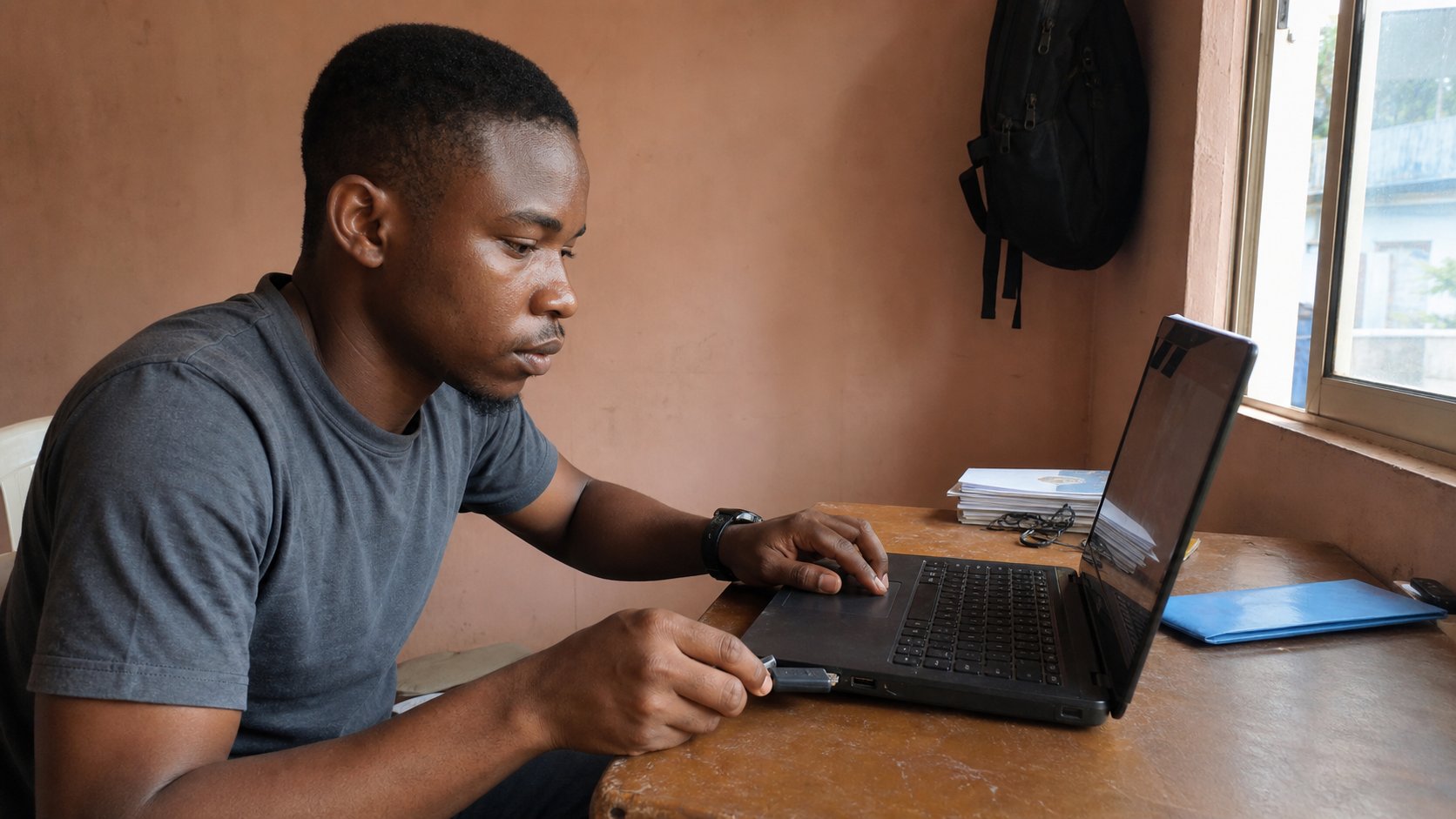 A young man copying files from a laptop to a USB drive at a small table.
