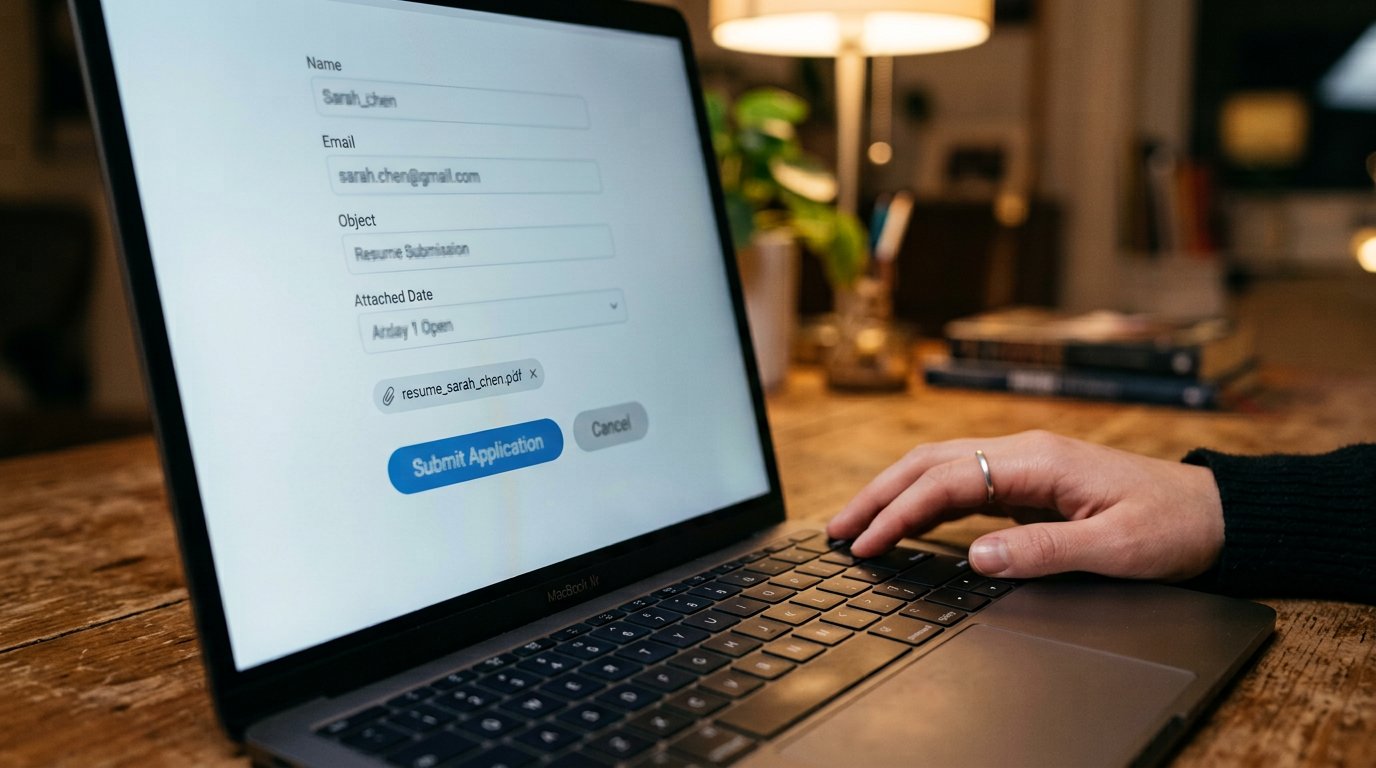 A laptop screen showing a job application form with a CV file attached and its name visible.