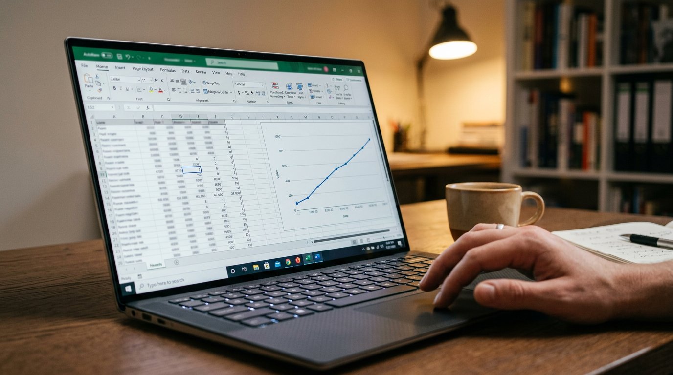 A laptop screen showing rows of data beside a training chart whose accuracy line climbs.