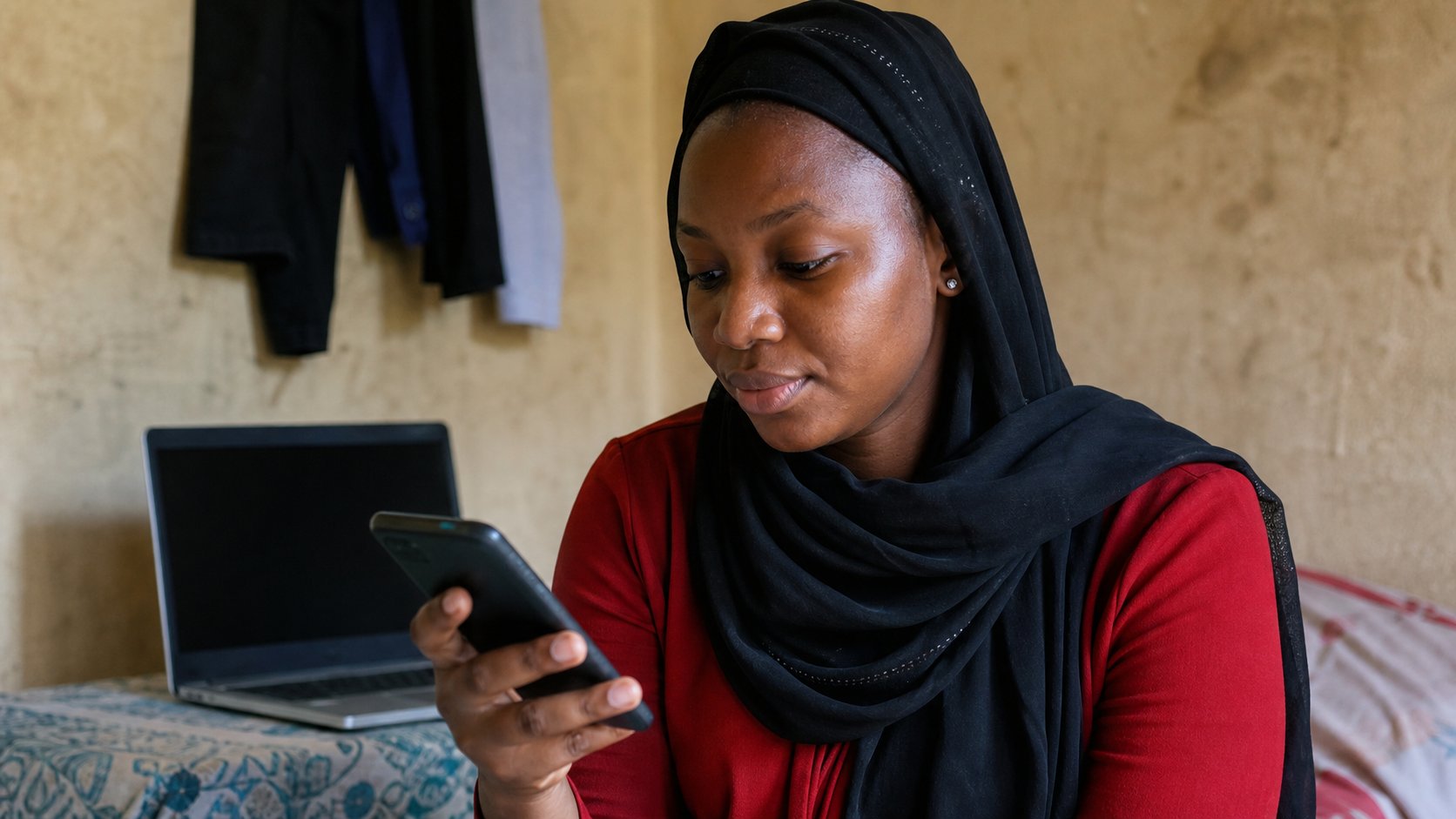 A learner checking the top of a phone before playing a video.