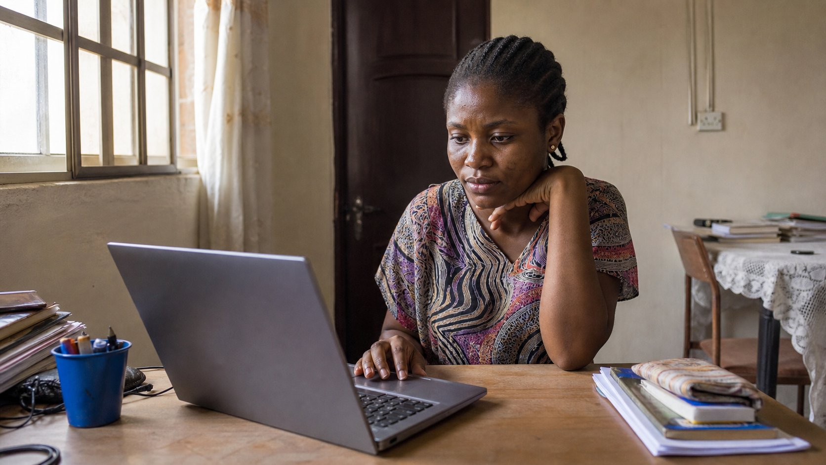 A learner looking at a folder of files on a laptop.