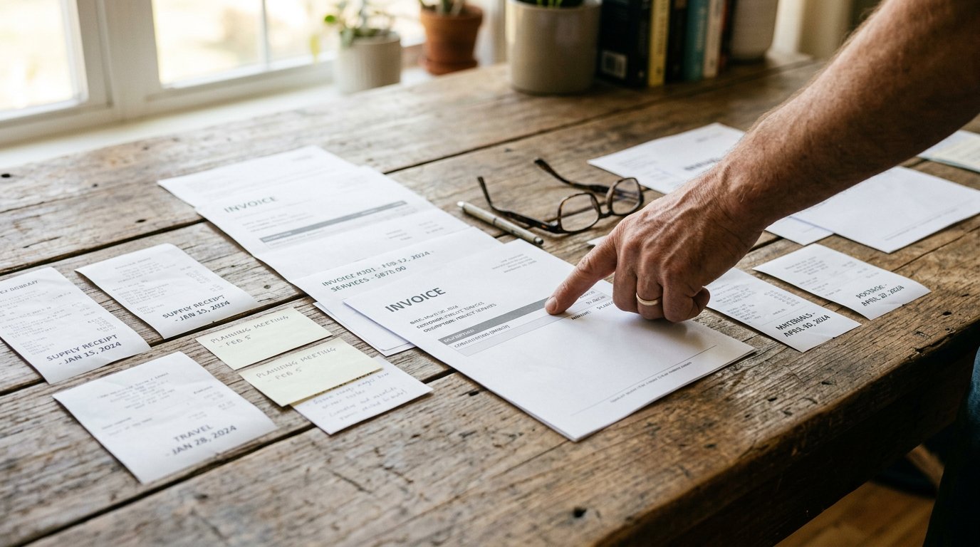 A table with printed messages, an invoice and receipts laid out in date order, a hand pointing at one.