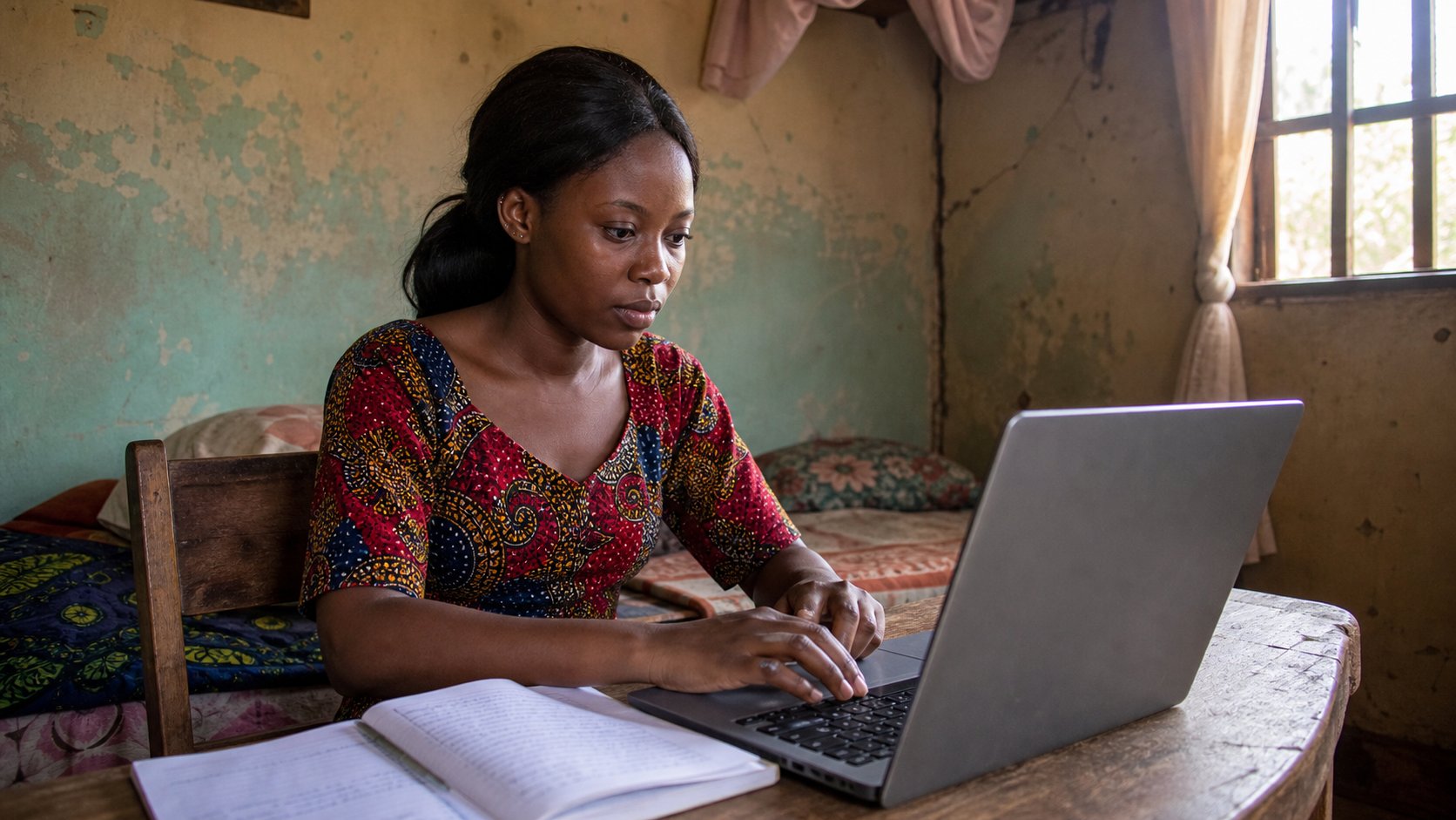 A learner typing a letter in the browser, notebook beside the laptop.