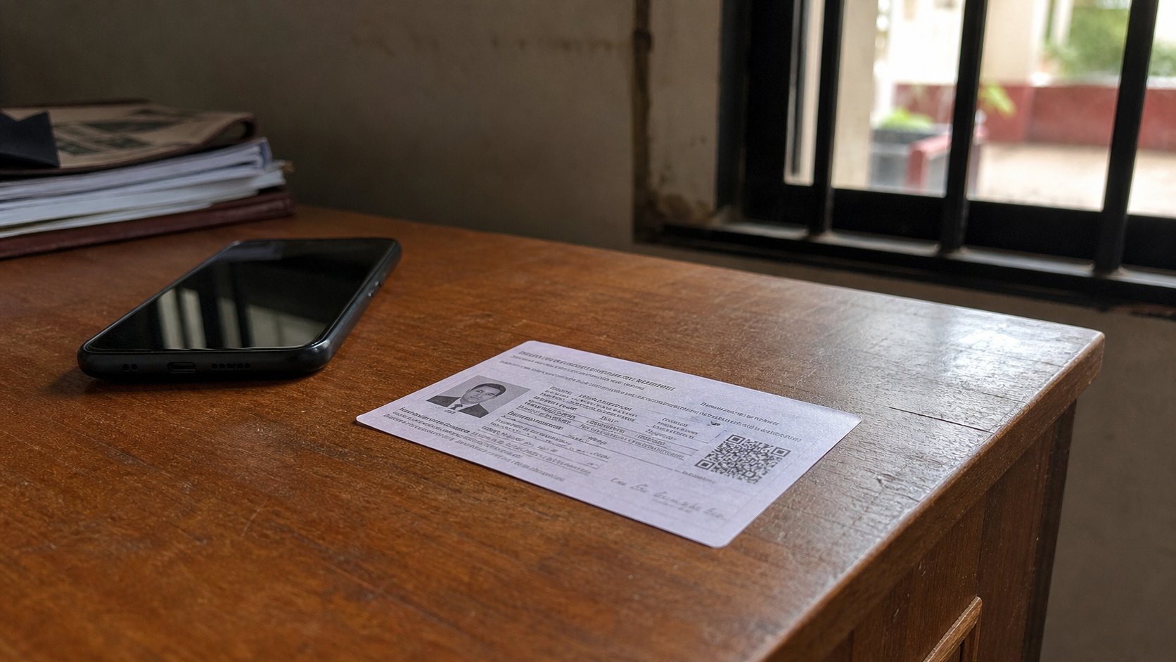 A flat ID or receipt on a wooden desk, a phone beside it.