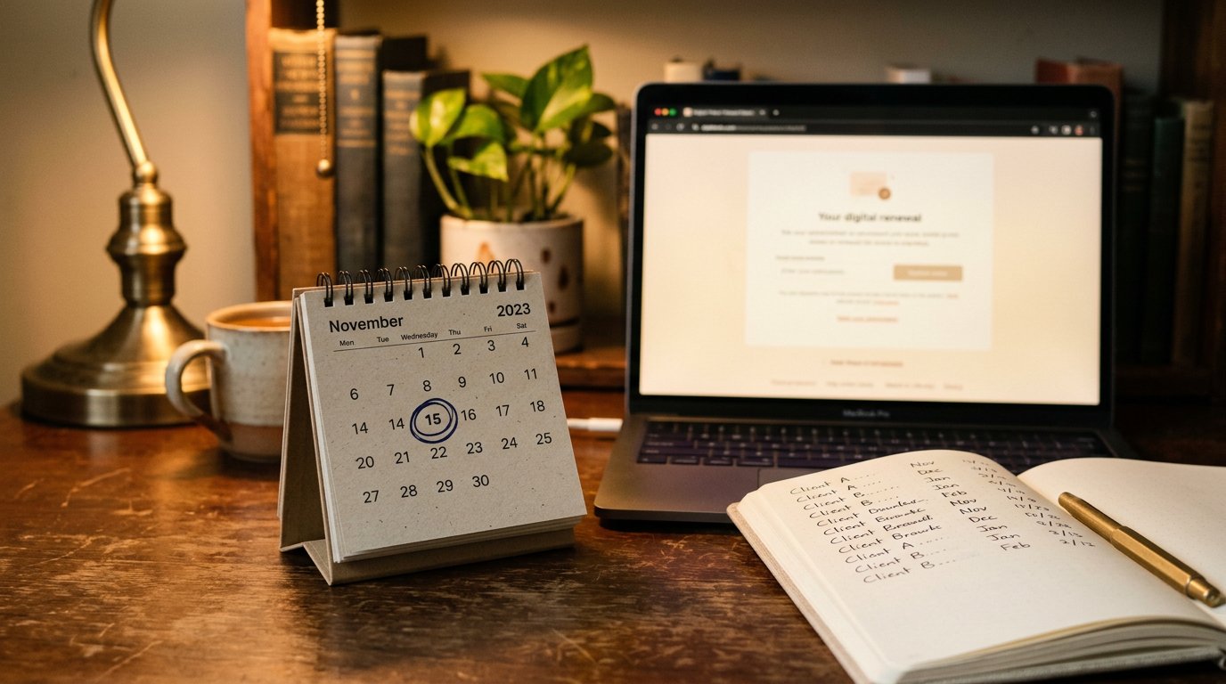 A small desk calendar with a circled date beside a laptop, a notebook listing client sites and renewal months.