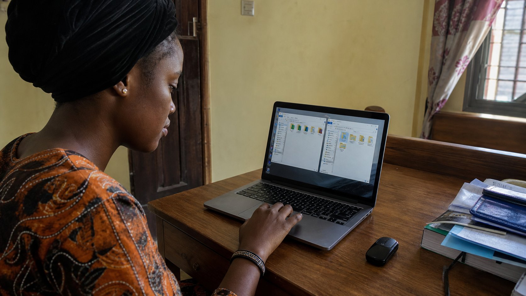 A learner dragging a file between two folder windows.