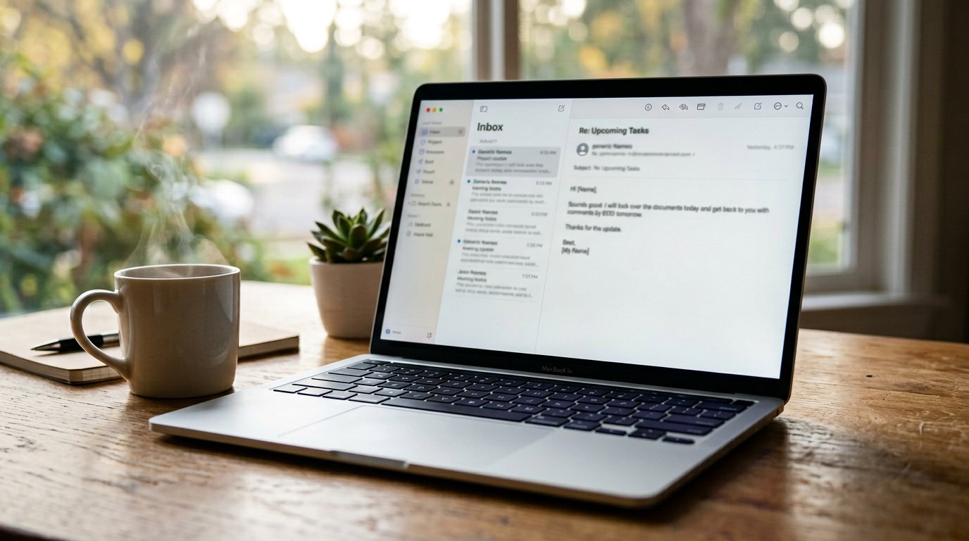 A laptop showing a tidy inbox with few messages and two replies typed in short lines.