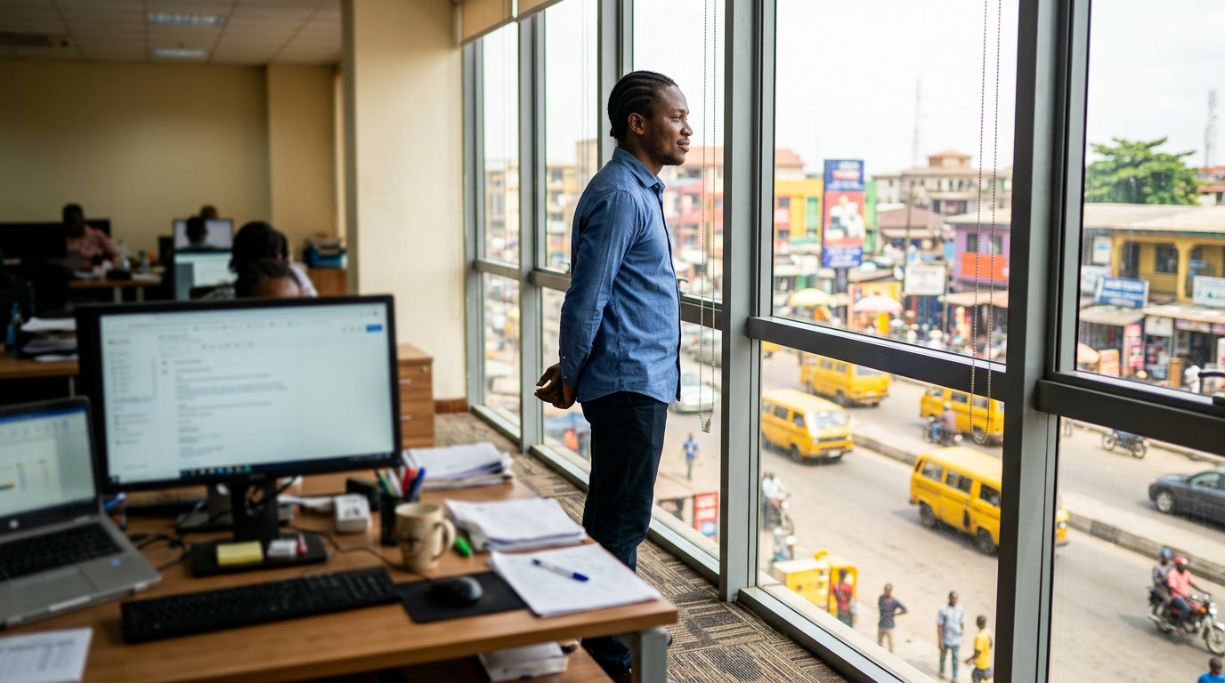 A worker standing at a window, looking out at the street, hands behind back, screen glowing behind them.
