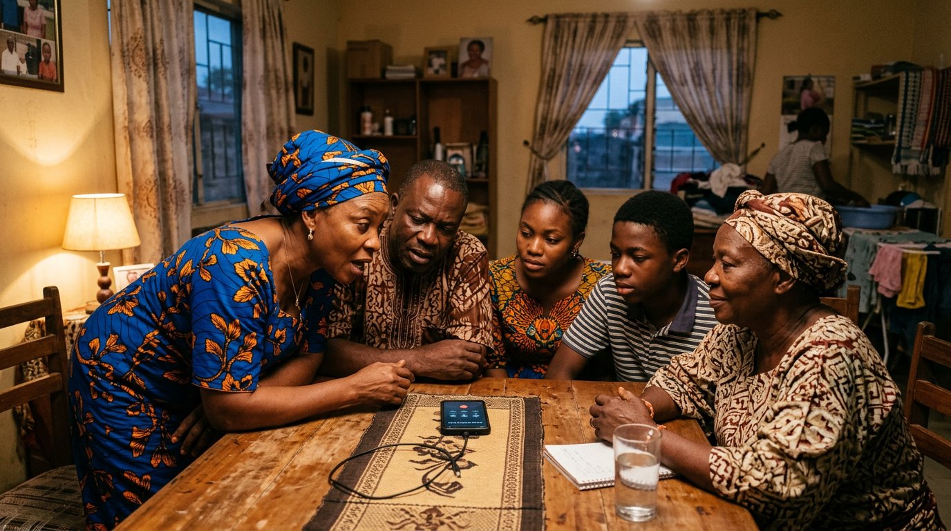 A family gathered around a phone on speaker, the mother asking the caller a question while the others watch.
