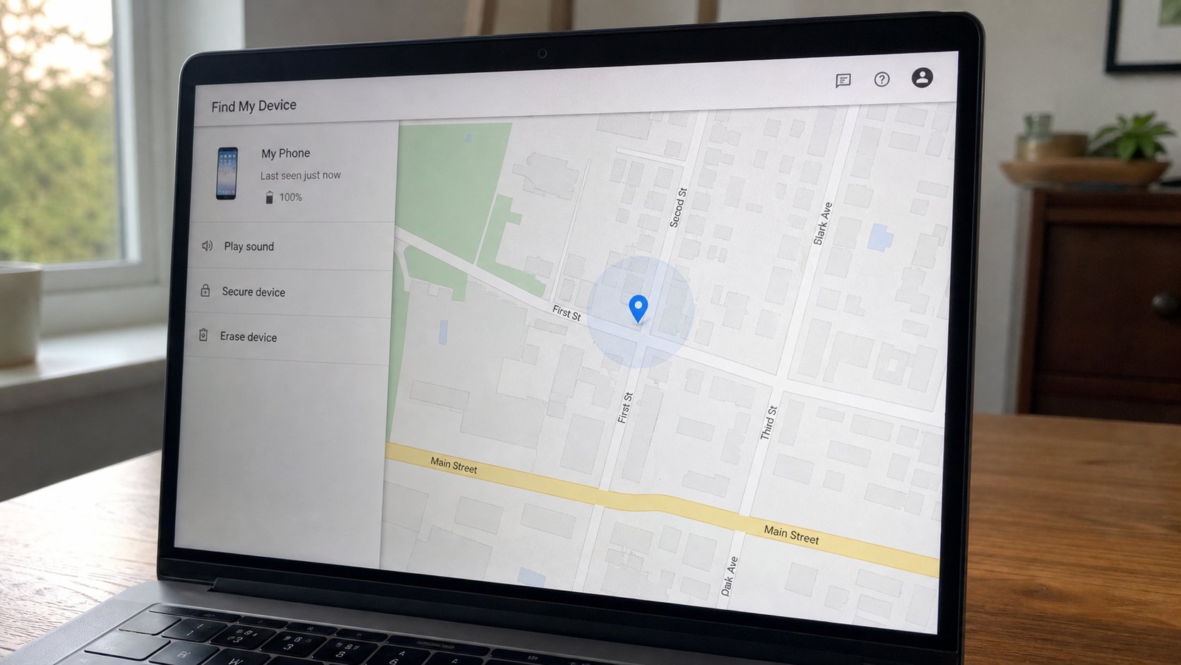 A find-device map on a laptop, a generic pin.