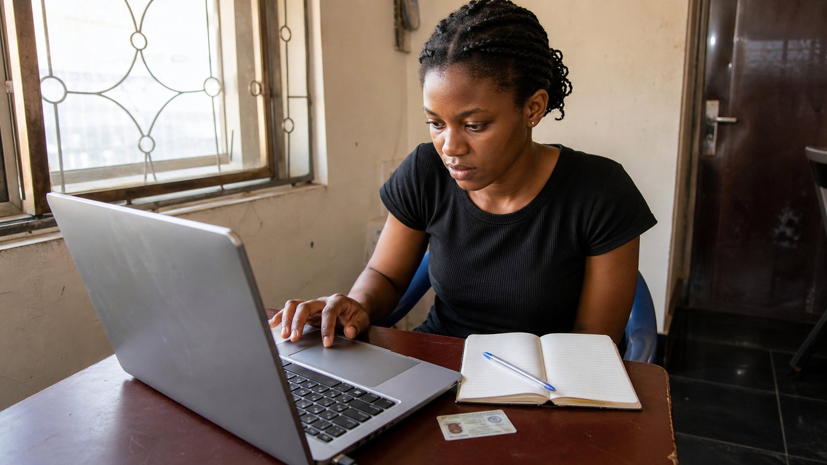 A young woman filling a form on a laptop, an ID card and notebook beside her.