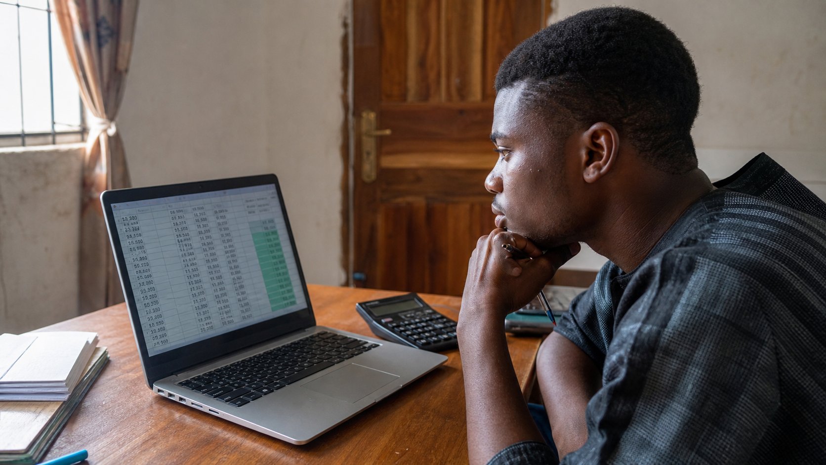 A learner checking a column of formula results against a calculator.