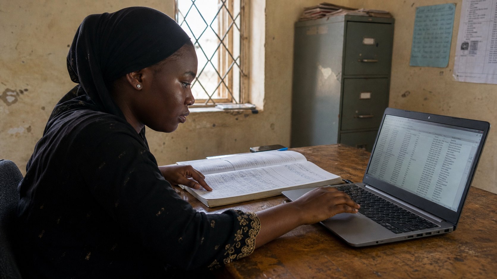 A learner scrolling a long list, a paper register beside the laptop.