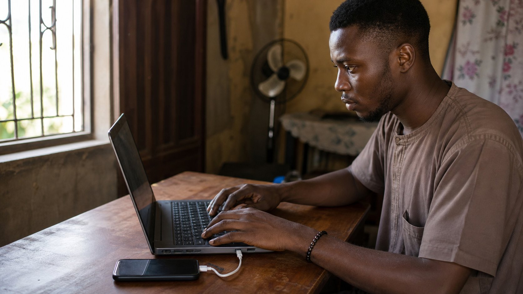 A laptop using a phone hotspot on a wooden desk.