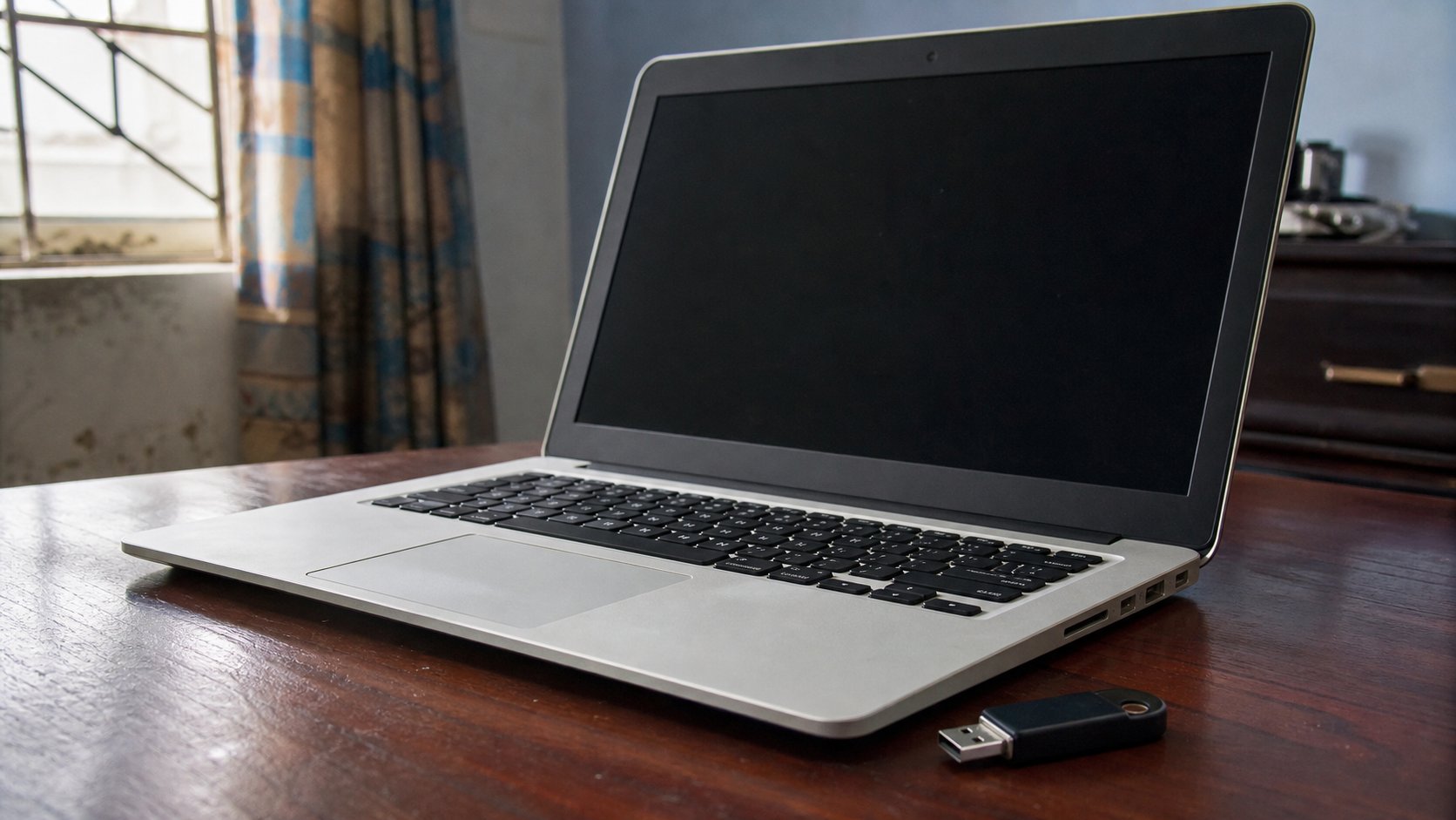 A laptop on a wooden desk with a USB flash drive beside it.