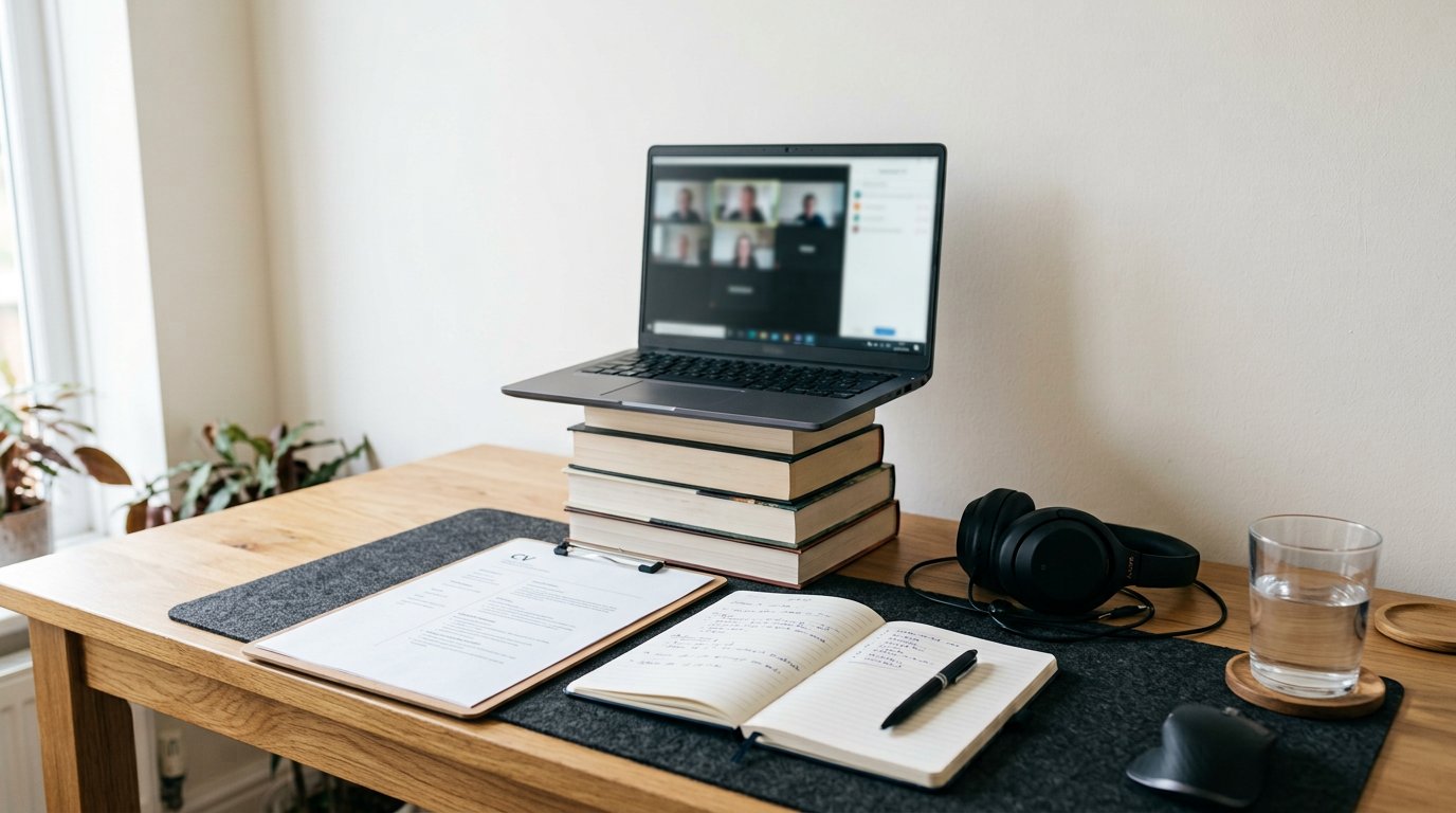 A tidy interview desk from the candidate's view: laptop on books at eye level, headphones, CV printed, water glass, notebook.