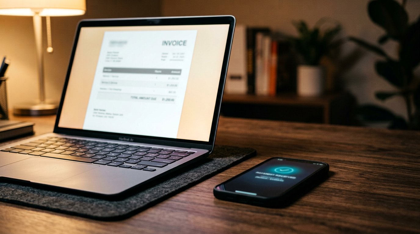 A laptop showing a simple invoice document, a phone displaying a payment received notification beside it.