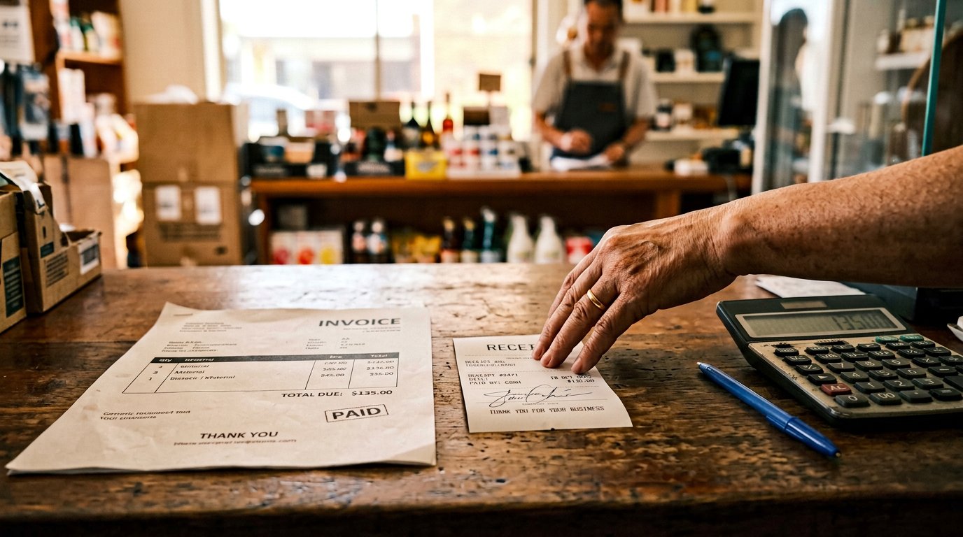 A printed invoice and a signed receipt lying on a shop counter beside a small calculator.