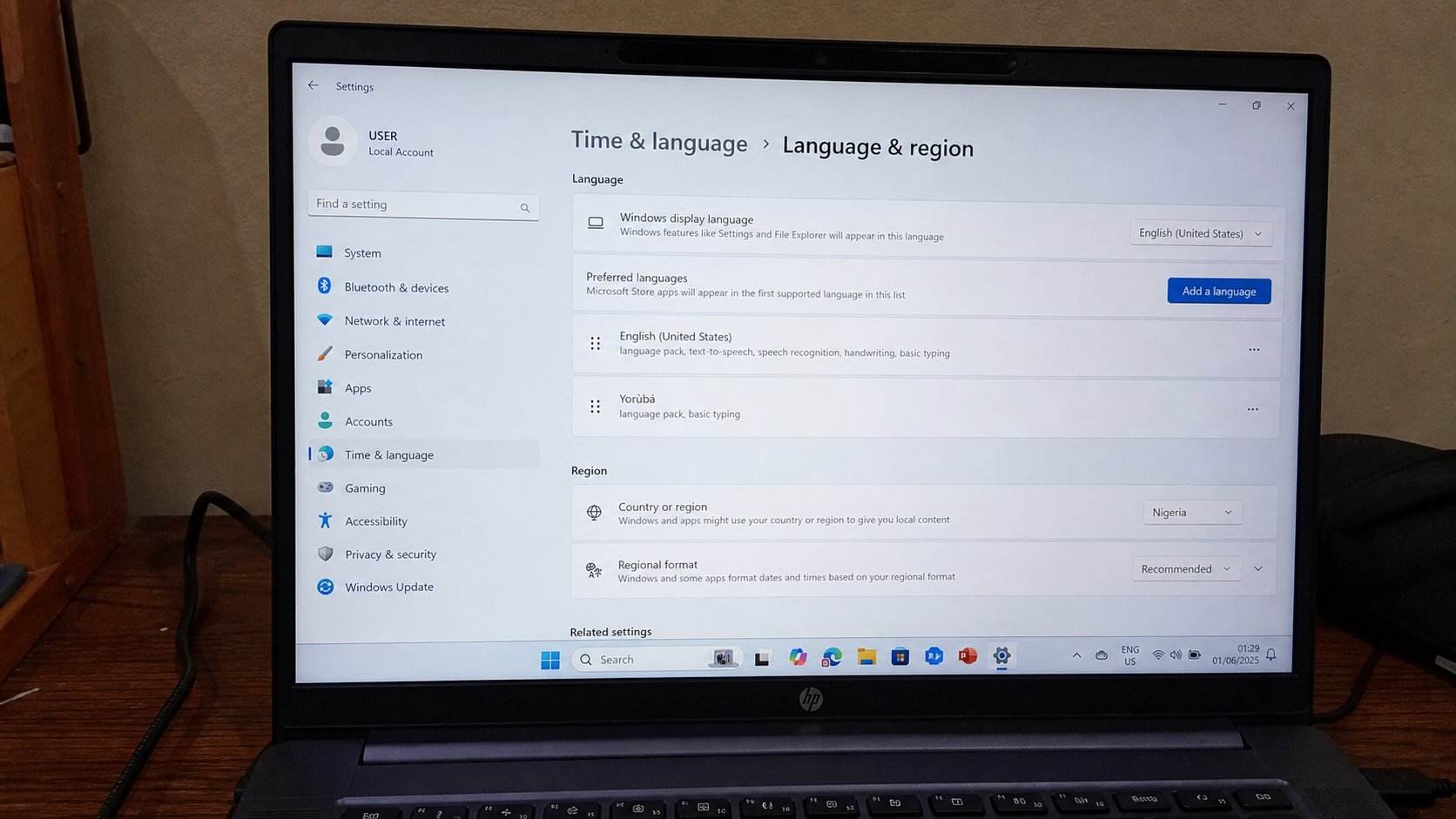 Keyboard or language settings on a laptop screen.