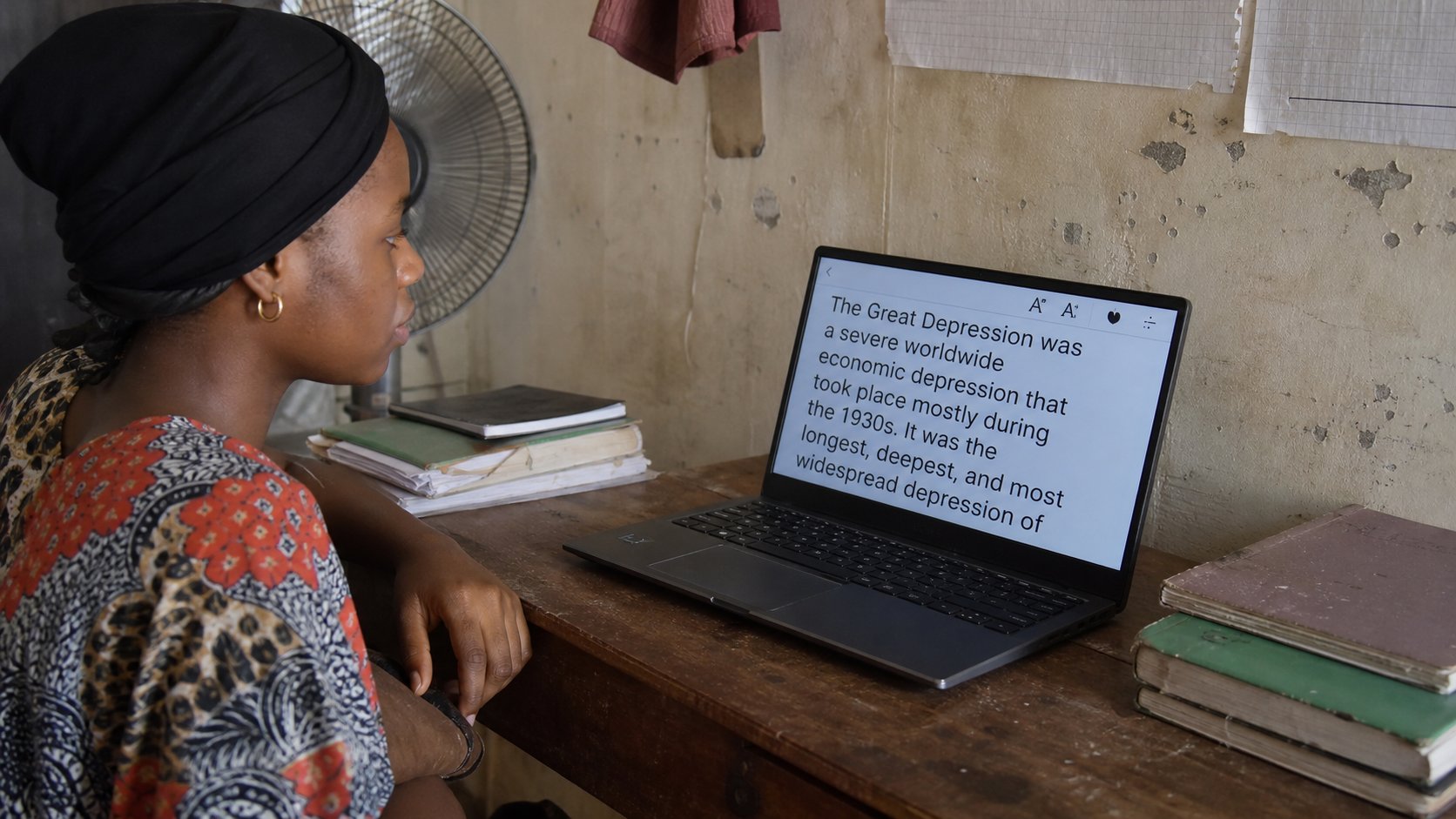 A learner reading large, comfortable text on a laptop.