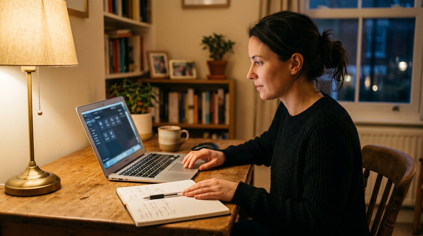 A person at a desk following a tutorial for an unfamiliar new app, notebook open, expression calm.
