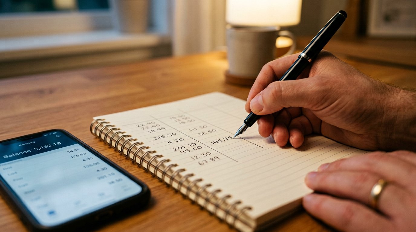 A hand writing a week's figures into a ruled notebook beside a phone showing a bank statement.