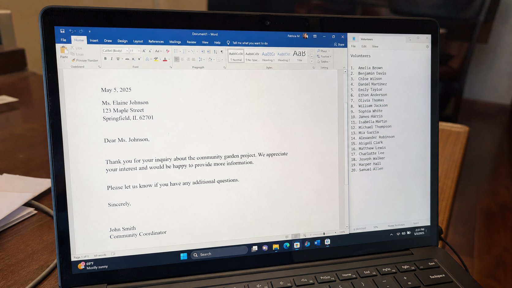 A letter on one window and a list of names on another.