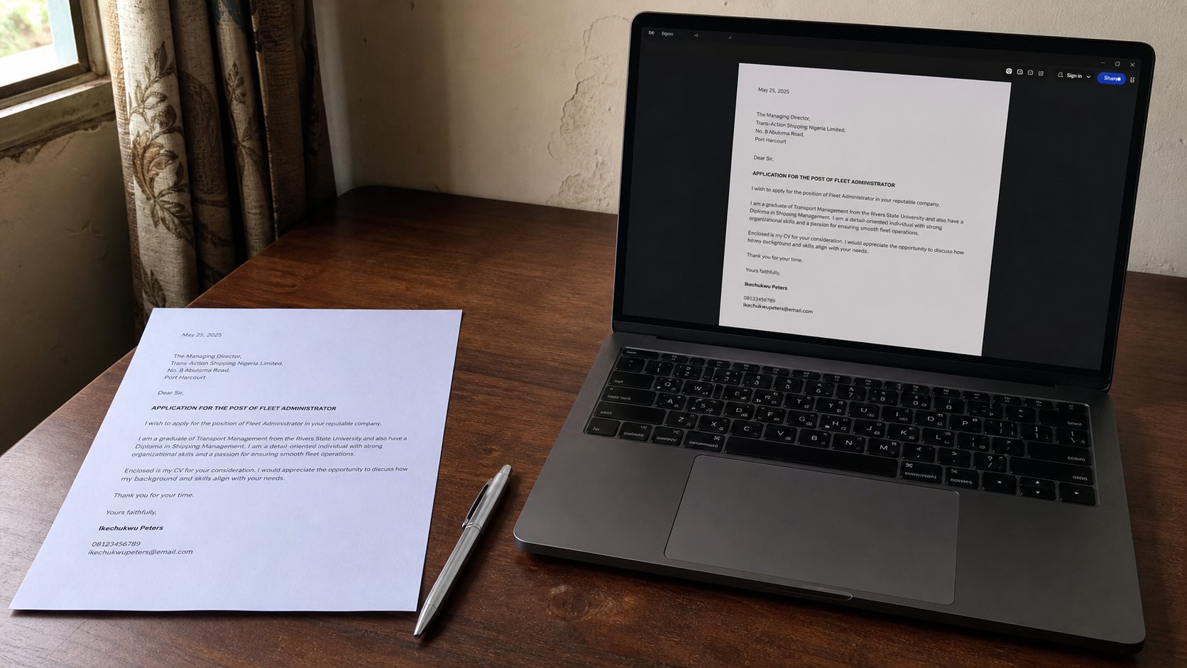 A printed one-page letter on A4 paper beside the laptop that wrote it.