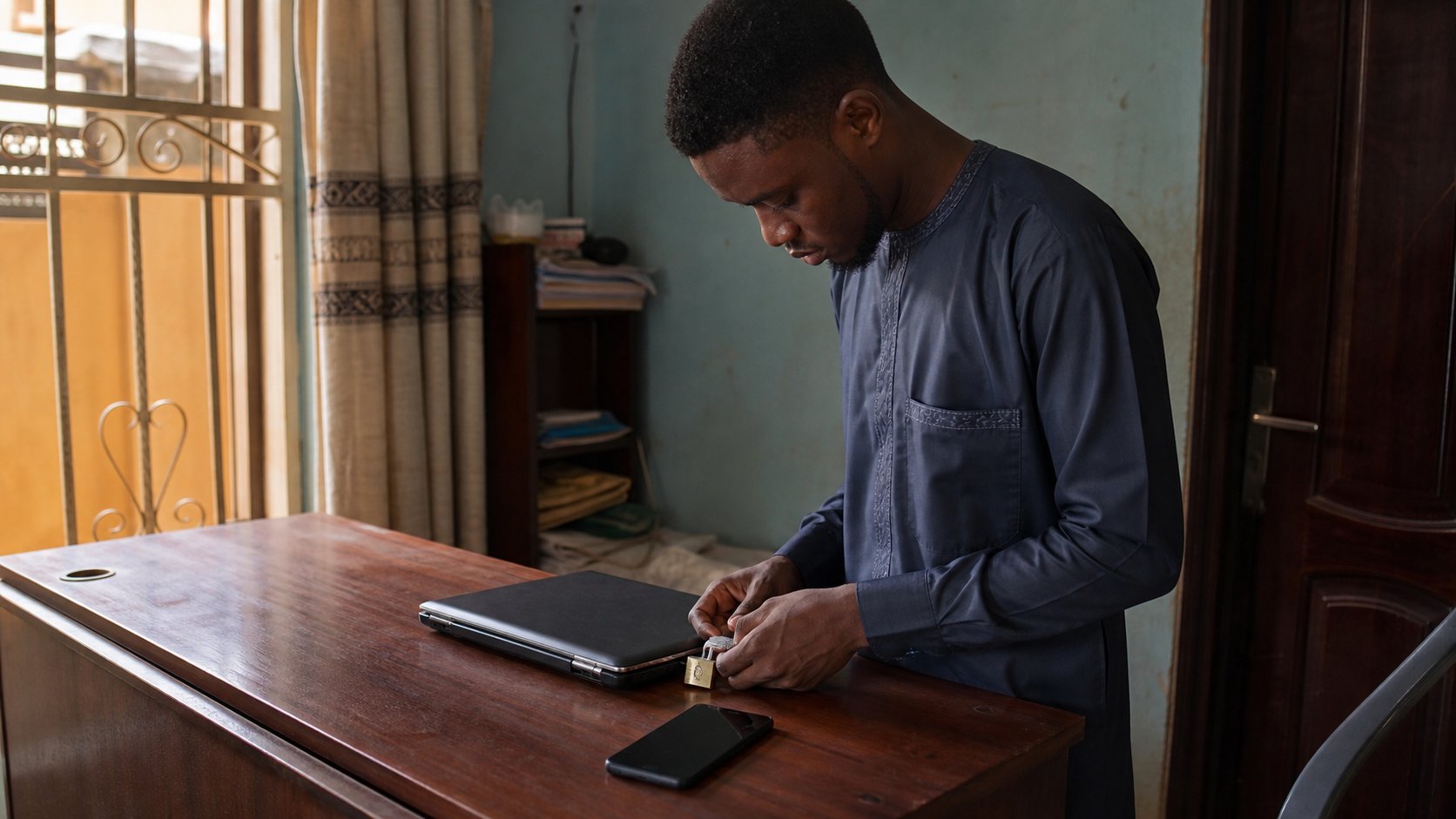 A learner locking a laptop, phone face-down beside it.