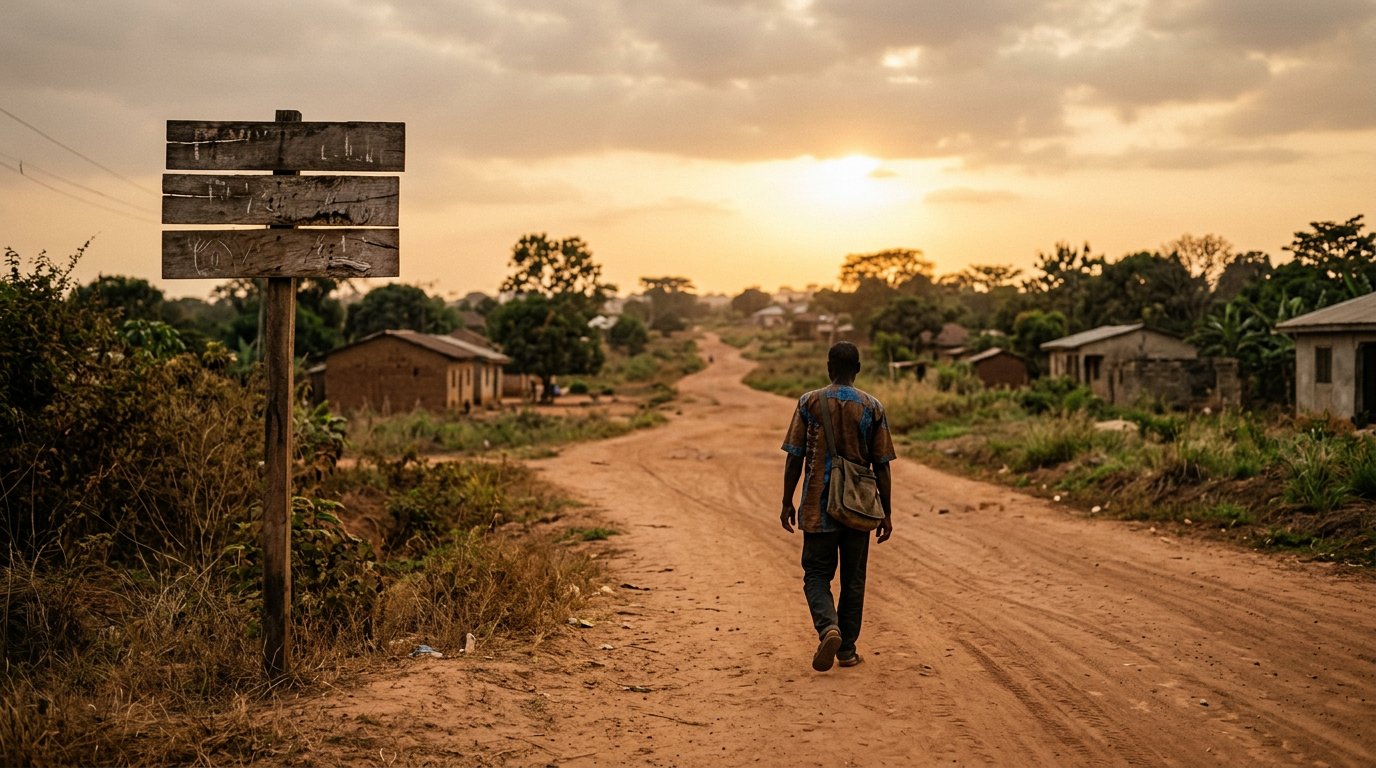 A quiet road at golden hour with a simple signpost, a figure walking with a bag, unhurried.