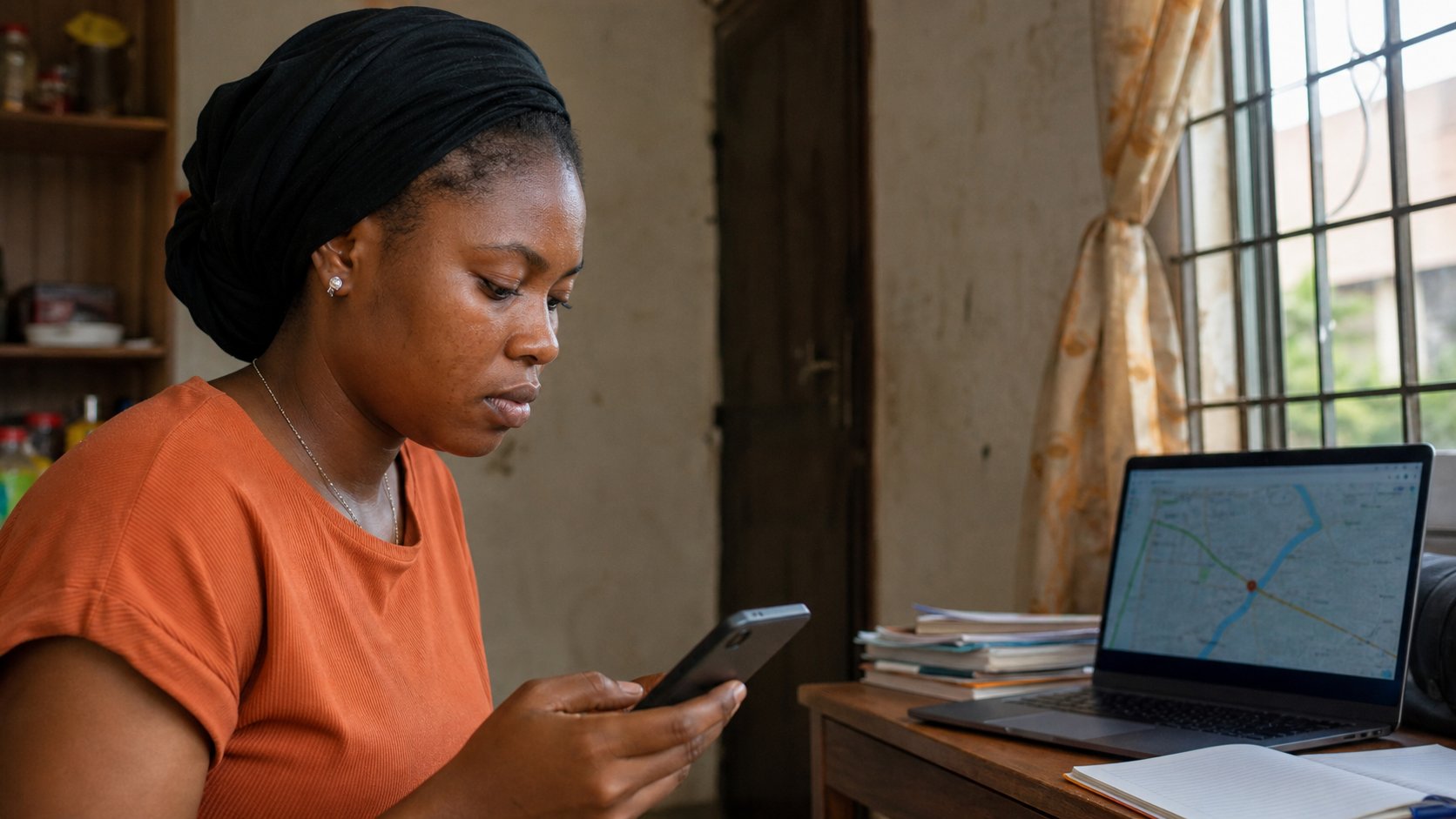 A young woman checking directions on a phone, a map on a laptop behind her.