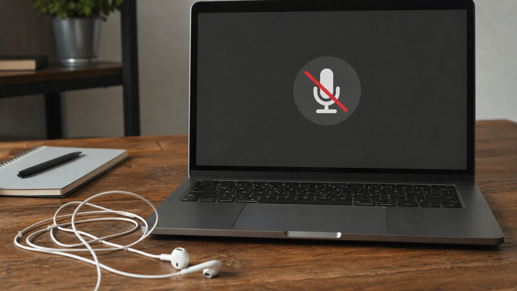 Earphones and a laptop with a muted microphone icon on the screen.