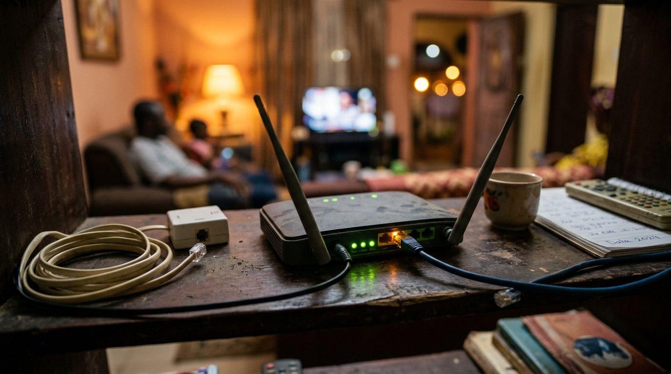 A router on a shelf with two cables running into it, its small lights blinking.
