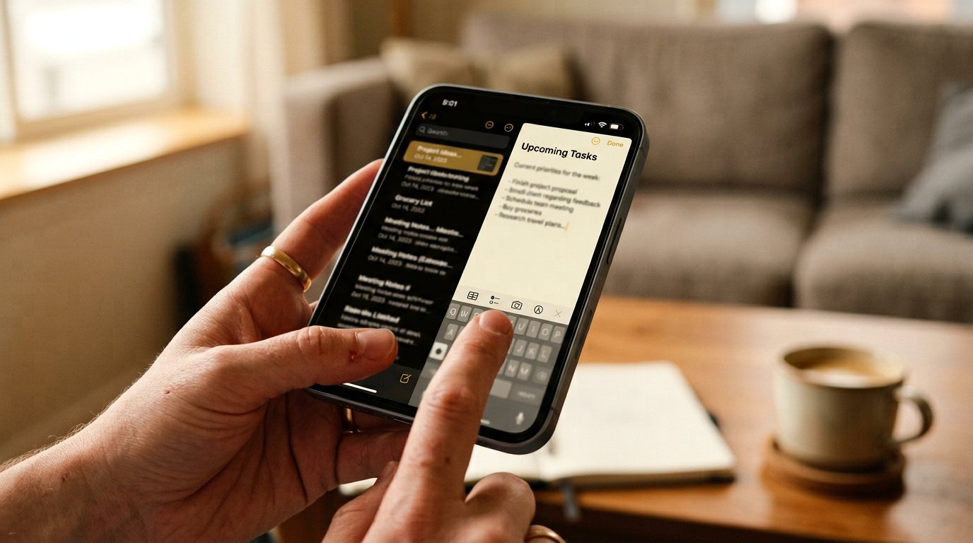 A hand using a notes app on a phone, the list showing dated titled notes, one being edited.